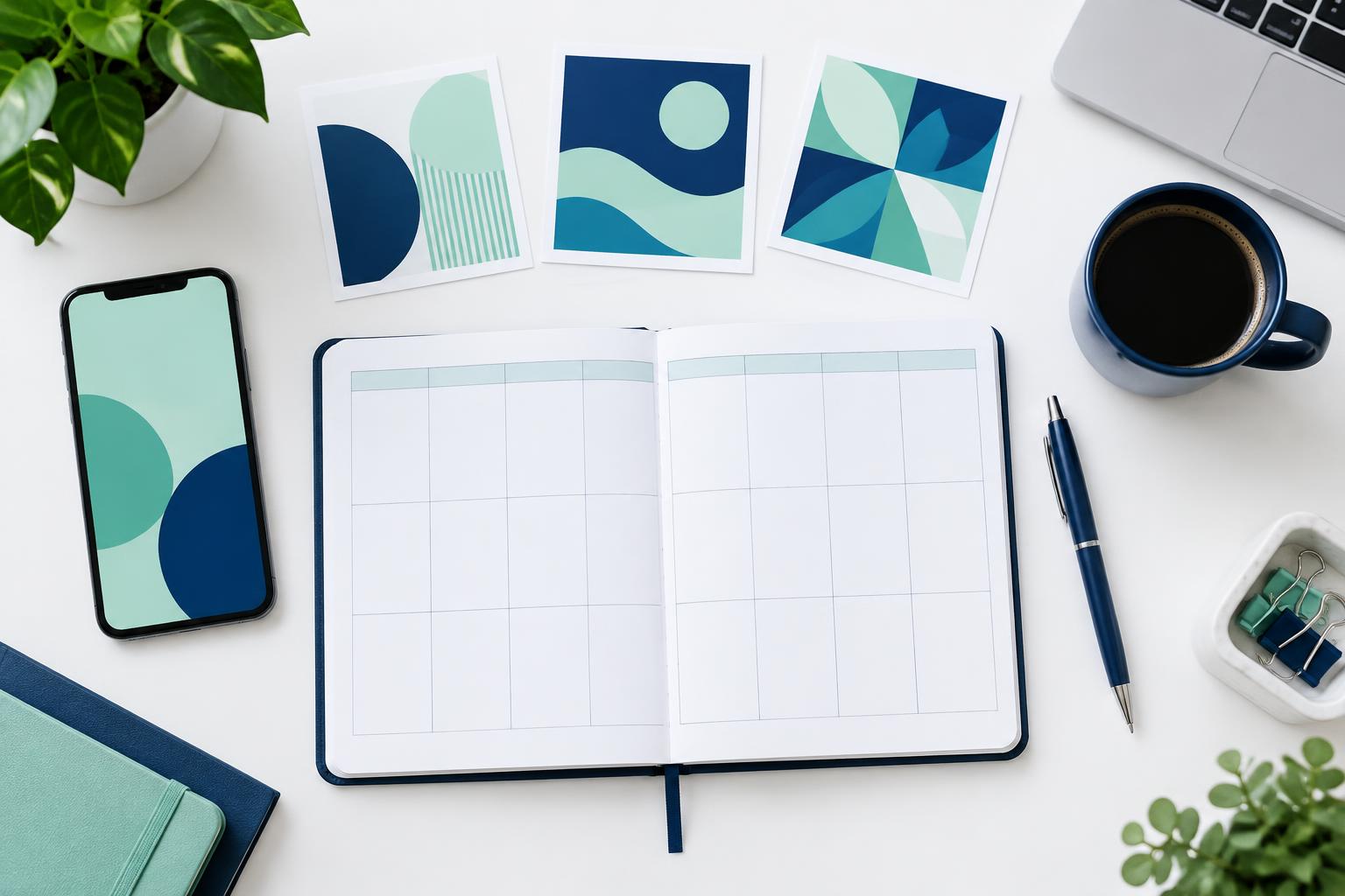 Planejamento ilustrativo de posts com calendário, celular e peças visuais sem dados de clientes